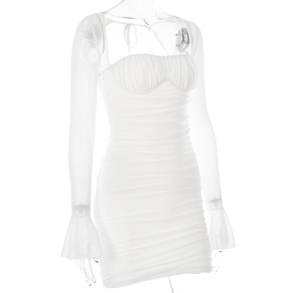 Square Neck Sweetheart Bust Ruched Mesh Bell Sleeve Mini Dress 4