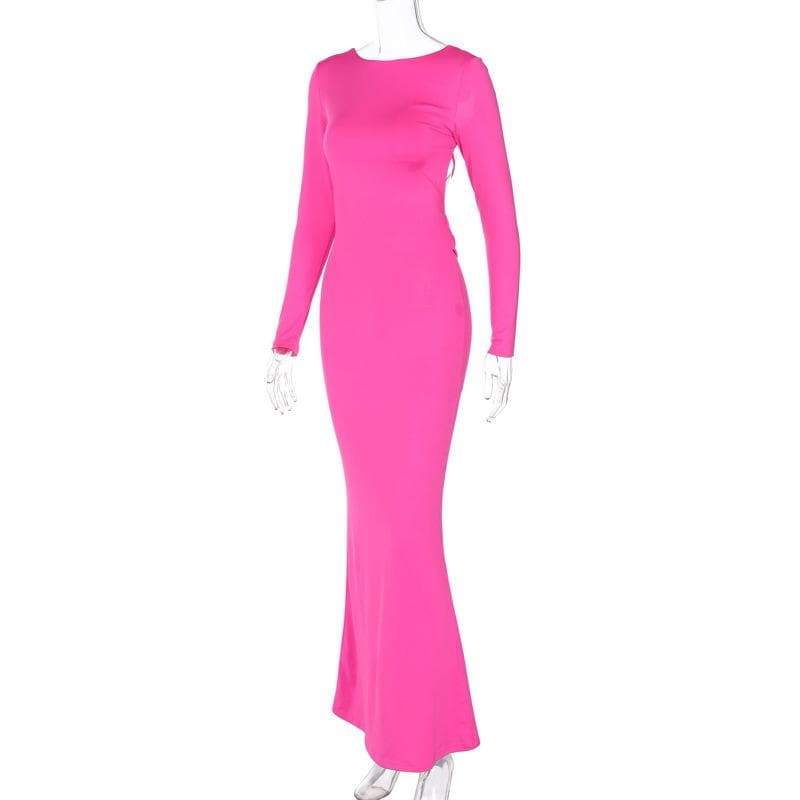Crew Neck Long Sleeve Lace-Up Back Bodycon Mermaid Hem Maxi Dress 6