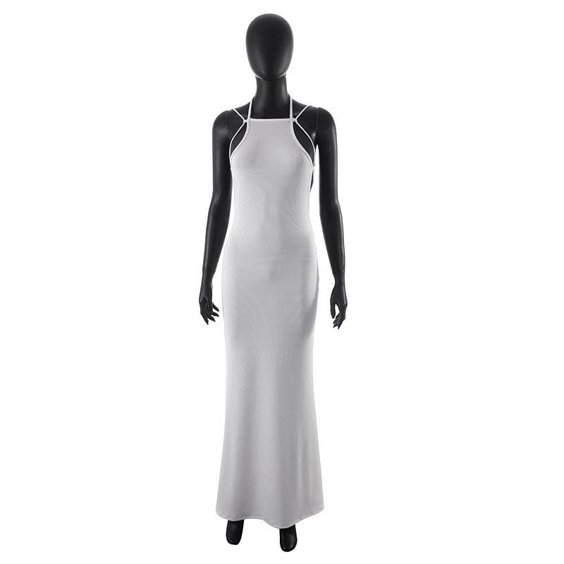 Ribbed Halter Crisscross Strap Backless Sleeveless Bodycon Maxi Dress 2