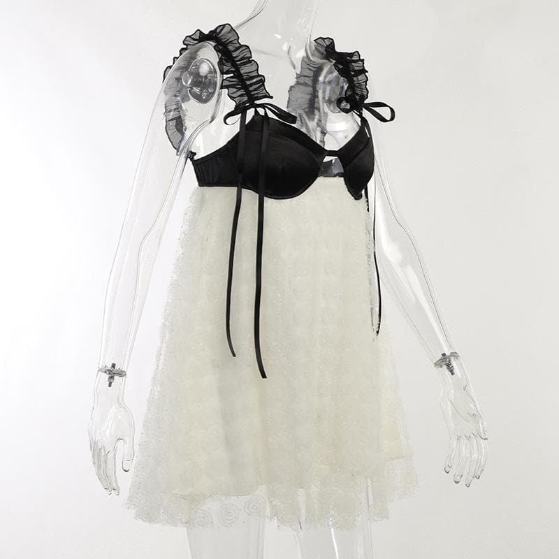 Contrast Bustier Ruffle Strap Babydoll Floral Mesh Mini Dress 3