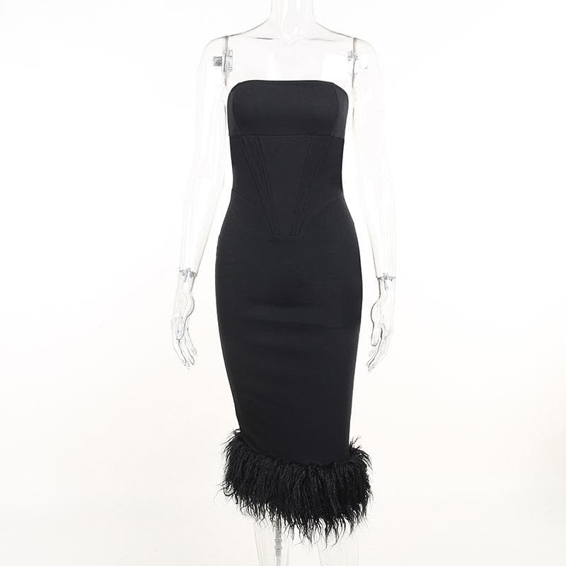 Strapless Glitter Knit Feather Trim Tube Midi Dress 8