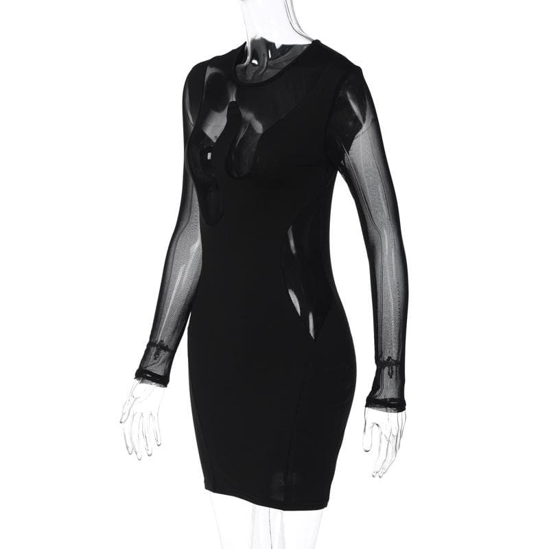Mesh Long Sleeve Flame Panel Cut Out Bodycon Mini Dress 3
