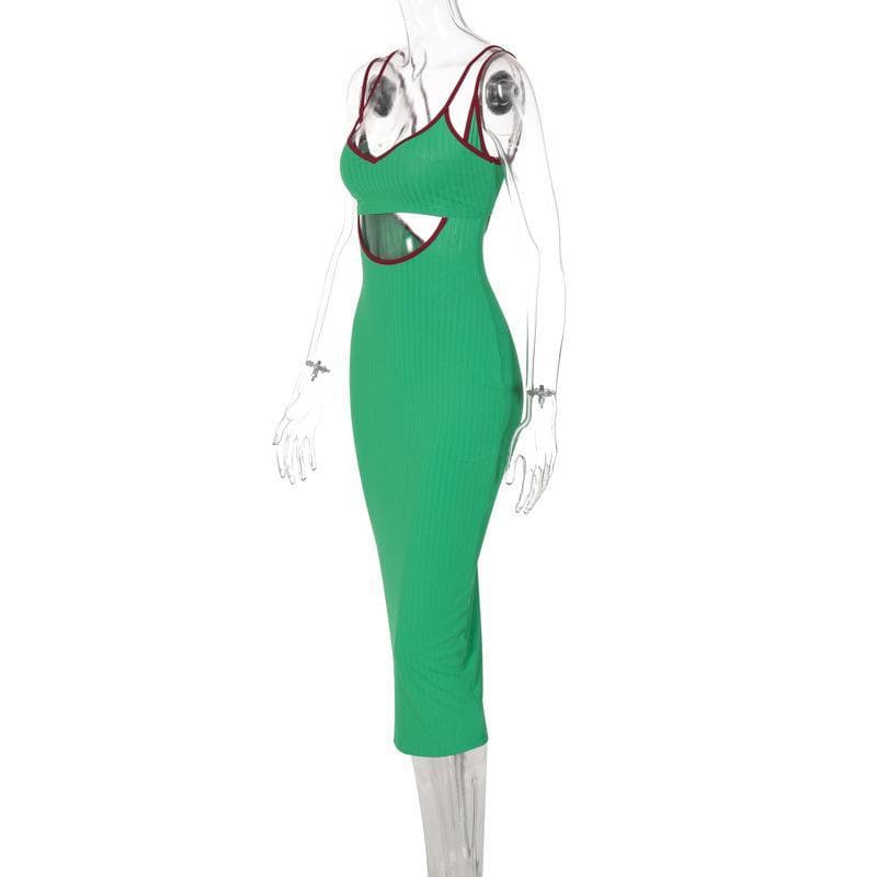 Rib Knit Scoop Neck Double Strap Contrast Trim Hollow Out Midi Dress 3