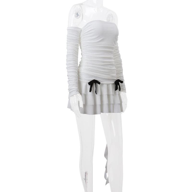 Off Shoulder Ruched Bow Tie Tiered Ruffle Cascade Hem Mini Dress 7