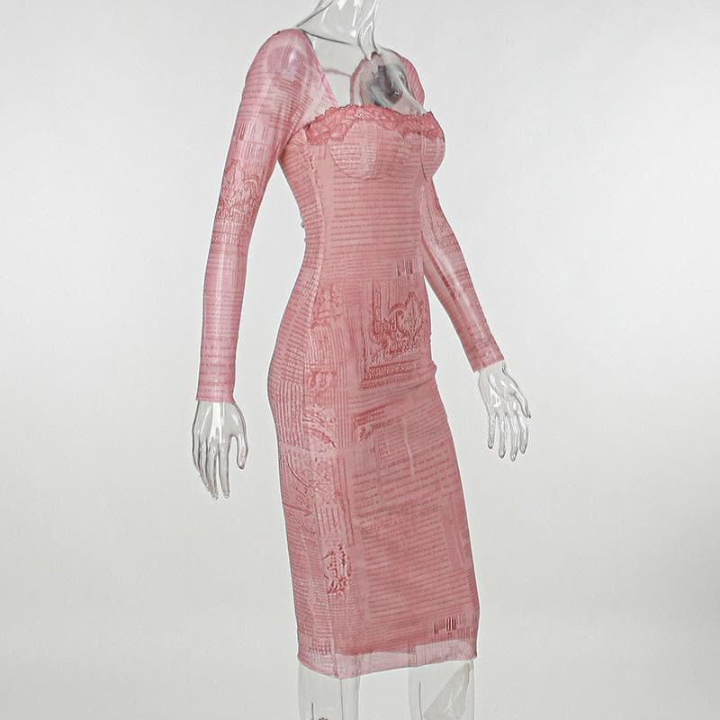 Lace Trim Square Neck Long Sleeve Newspaper Print Bodycon Midi Dress 3