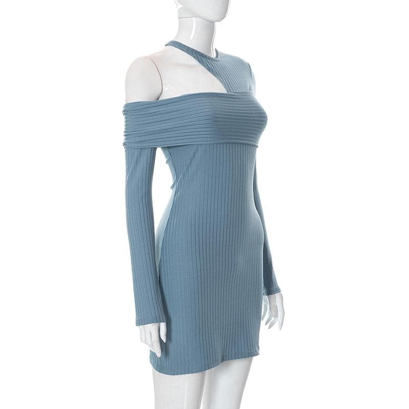 Asymmetrical Cutout Rib Knit Off Shoulder Long Sleeve Mini Dress 4
