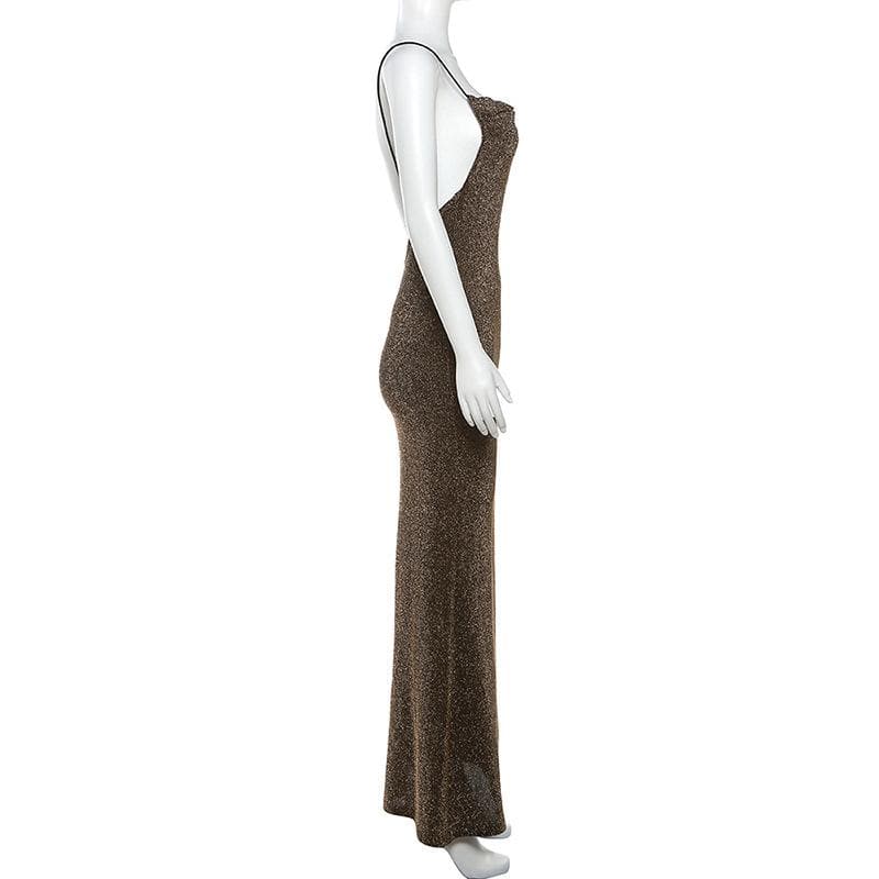 Spaghetti Strap Cowl Neck Glitter Metallic Backless Maxi Dress 3