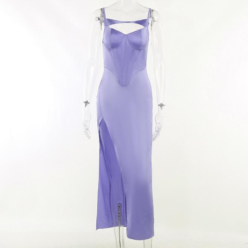Spaghetti Strap Corset Panel Chest Cutout High Slit Satin Maxi Gown 4