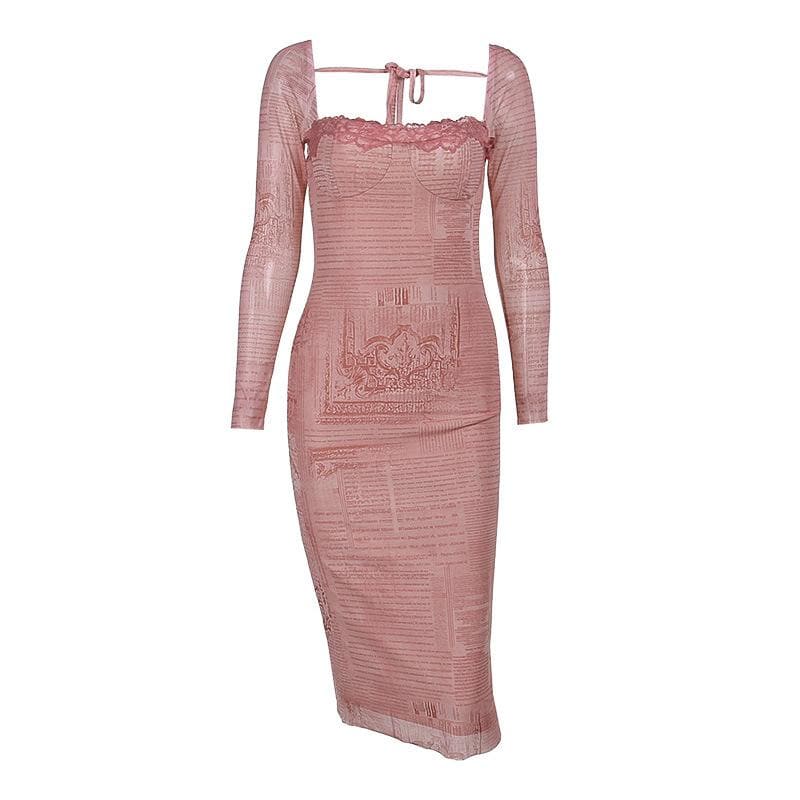 Lace Trim Square Neck Long Sleeve Newspaper Print Bodycon Midi Dress 2