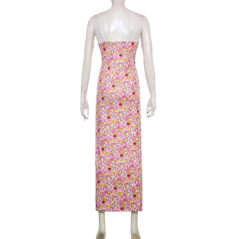 Floral Print V Neck Keyhole Tie Lace Trim Spaghetti Strap Cami Maxi Dress 3