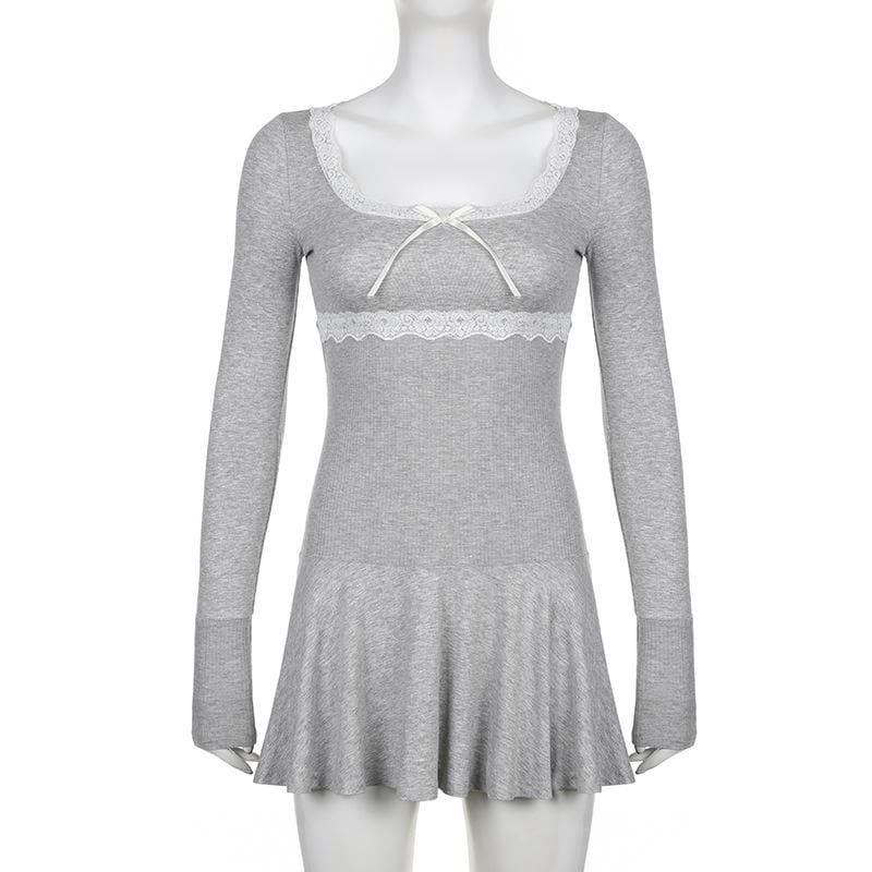 Lace Trim Scoop Neck Bow Empire Waist Ribbed Long Sleeve Flared Mini Dress 4