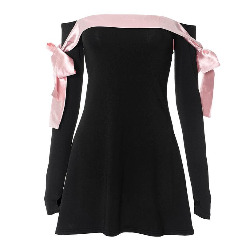 Off Shoulder Satin Ribbon Bow Thumbhole Long Sleeve Mini Dress 2