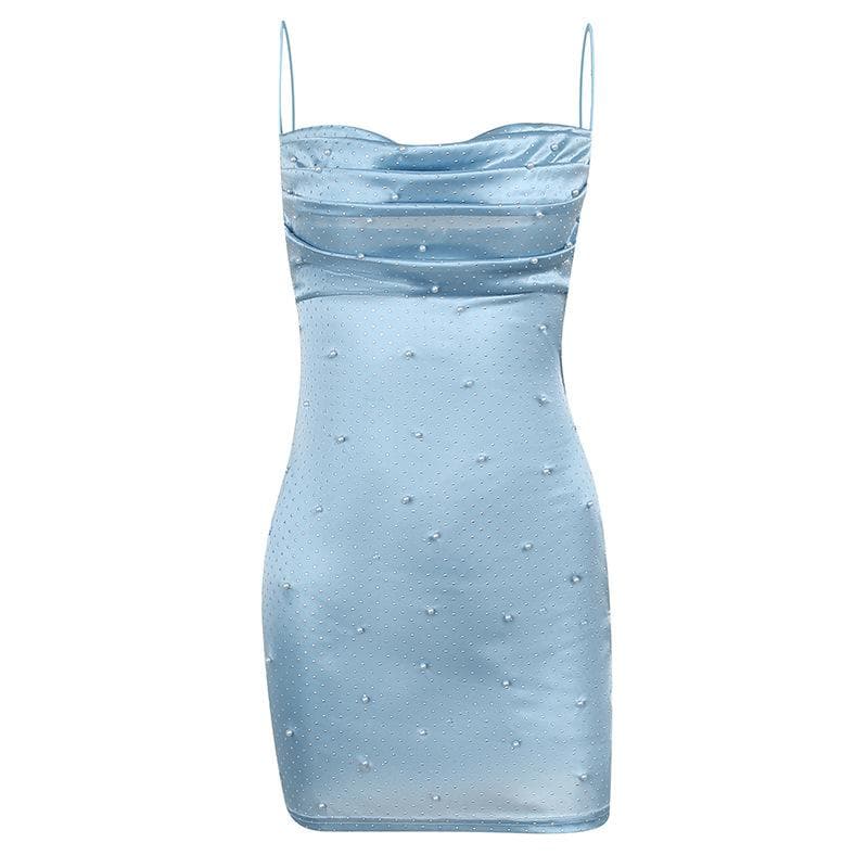 Spaghetti Strap Cowl Neck Pearl Mesh Overlay Bodycon Mini Dress