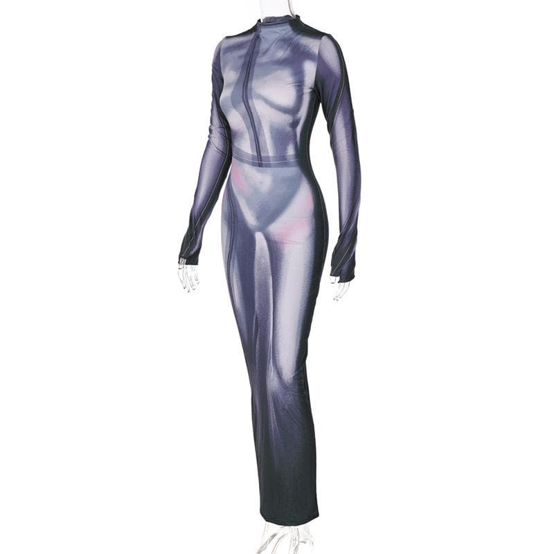 Mock Neck Long Sleeve Thumbhole Bikini Silhouette Body Print Bodycon Maxi Dress 4