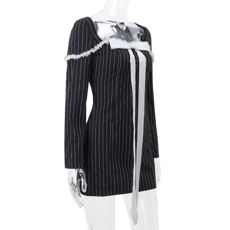 Square Neck Pinstripe Lace Trim Oversized Bow Long Sleeve Mini Dress 3