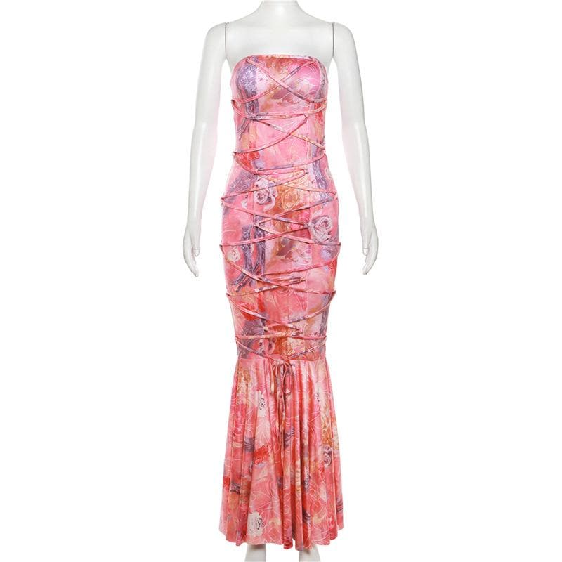 Strapless Floral Print Lace-Up Back Maxi Dress 2