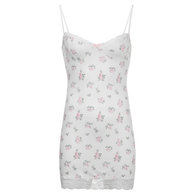 Spaghetti Strap Floral Print Lace Trim Sweetheart Slip Mini Dress 8