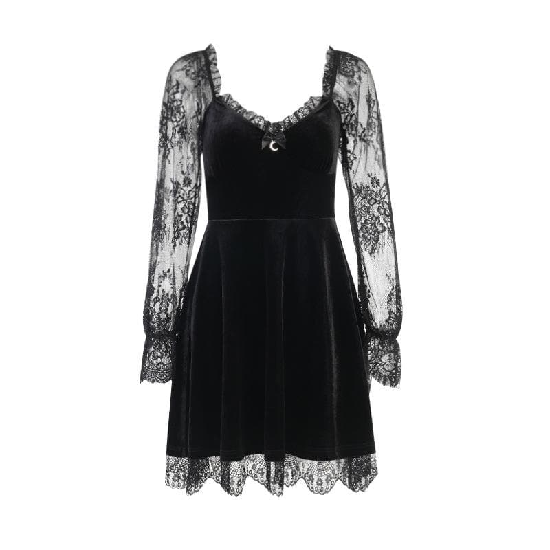 Sweetheart Velvet Bodice Lace Puff Sleeve Ruffle Hem Mini Dress 2