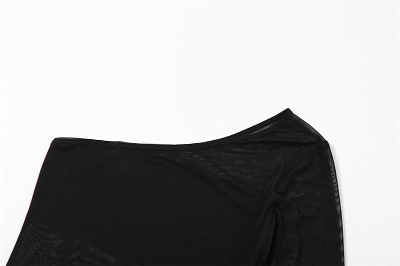 One Shoulder Mesh Bodice Metal Buckle Ruched Low Rise Ruffle Hem Mini Dress 5