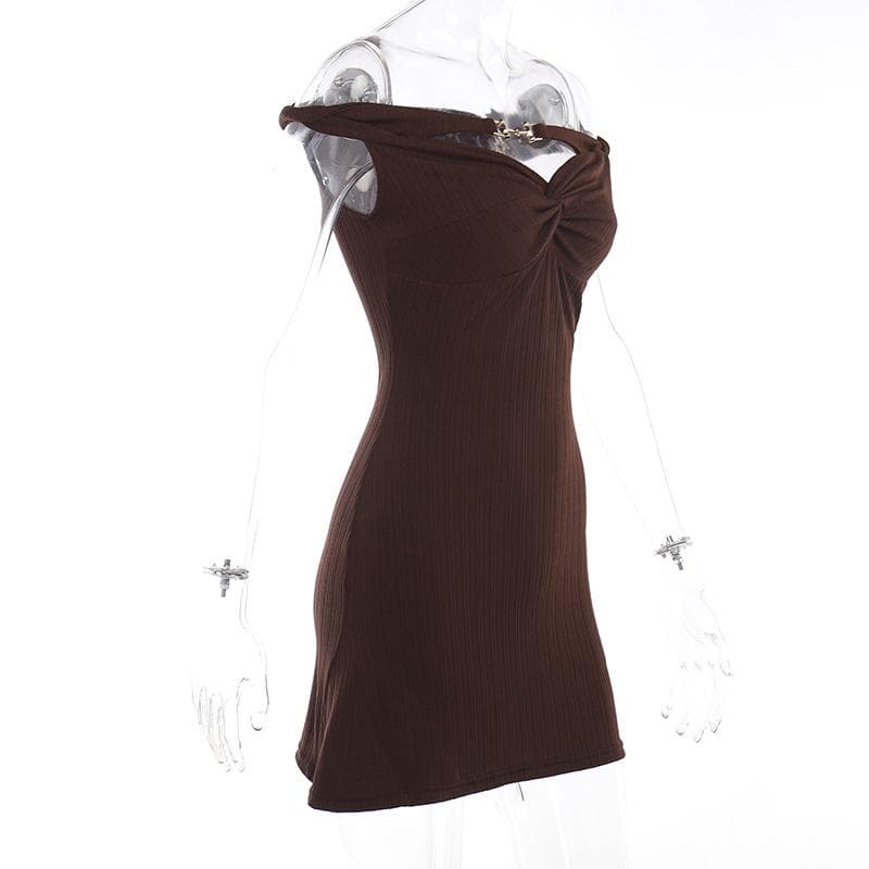 Off Shoulder Rib Knit Twist Knot Hardware Detail Bodycon Mini Dress 5