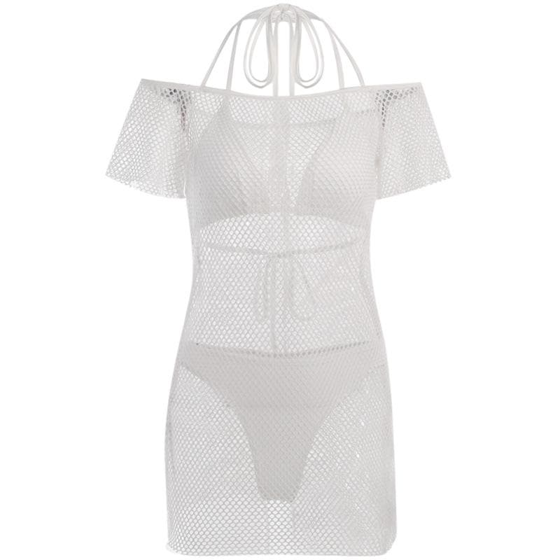 Off Shoulder Halter Tie Fishnet Mesh Bikini Cover Up Mini Dress