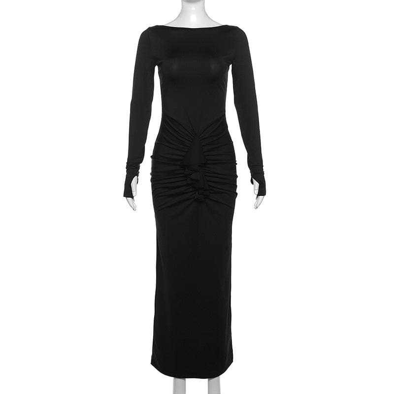 Boat Neck Ruched Thumbhole Long Sleeve Maxi Dress 8