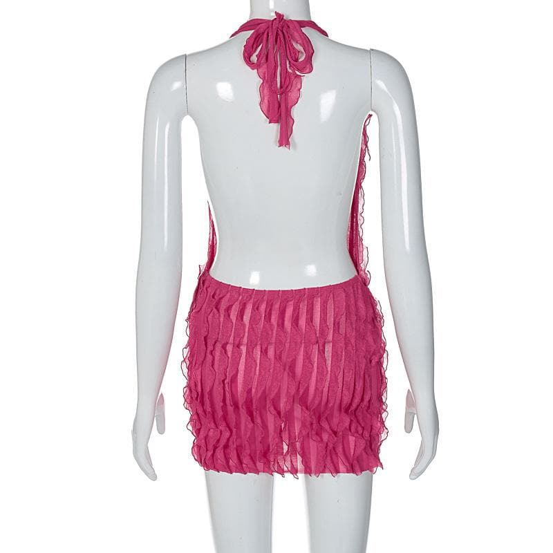 Halter Deep Plunge Vertical Ruffle Fringe Bodycon Mini Dress 4