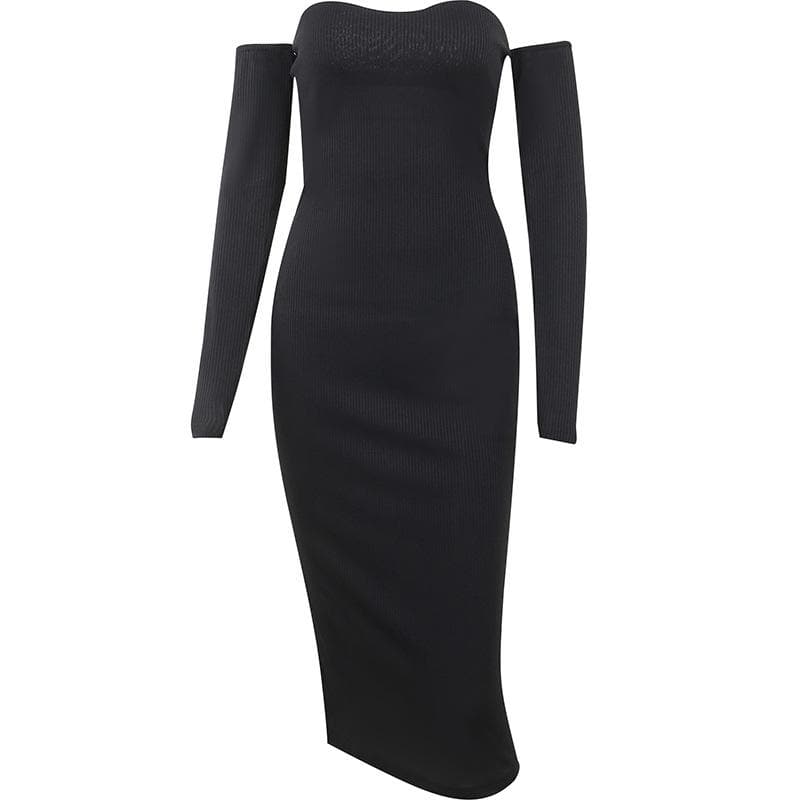 Ribbed Knit Off Shoulder Tube Thumbhole Sleeve Bodycon Maxi Dress 2