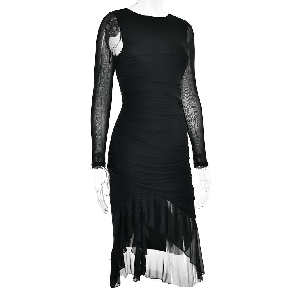 Zip Front Mesh Ruched Long Sleeve Backless Midi Dress 4