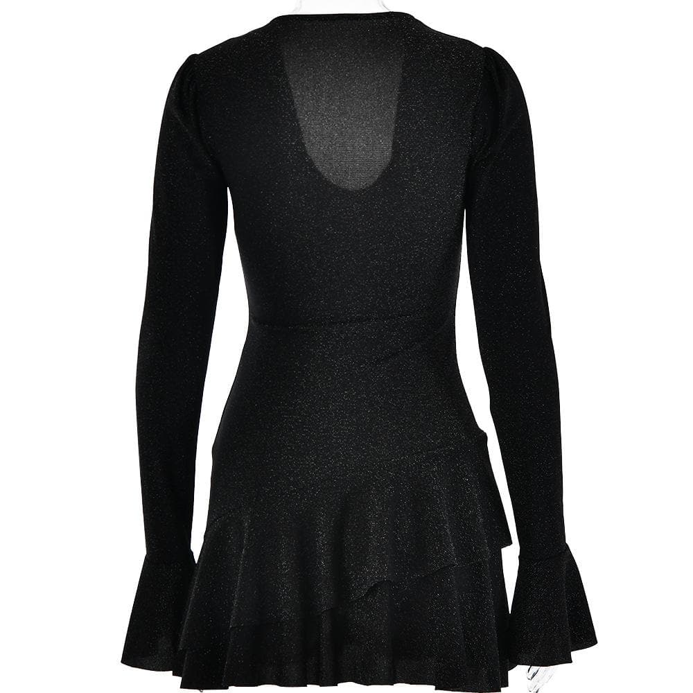 Glitter Deep V Bell Sleeve Tiered Ruffle Hem Mini Dress 5