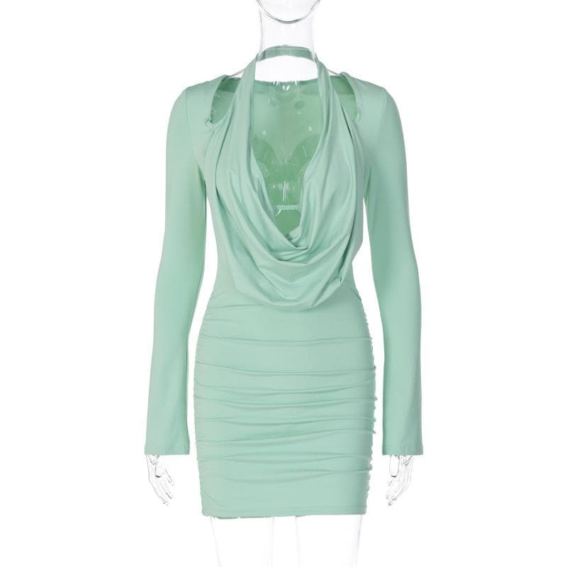 Cowl Neck Halter Shoulder Cutout Ruched Long Sleeve Mini Dress 3