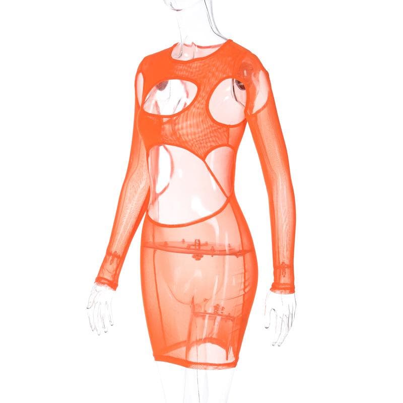 Hollow Out Sheer Mesh High Neck Long Sleeve Cutout Mini Dress 5