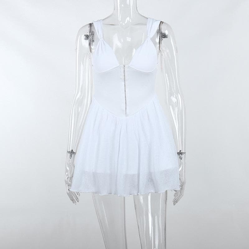 Button Patchwork Chiffon Ruffle Low Cut Mini Dress 3