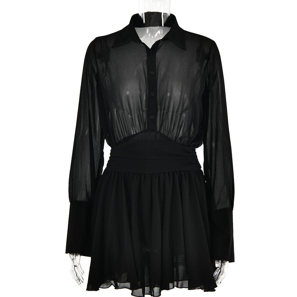 Spread Collar Deep V Ruched Waist Ruffled Cuff Mini Dress 3