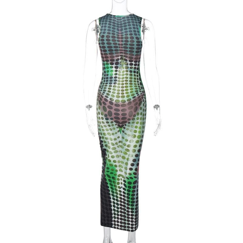 Crewneck Trompe Loeil Body Print Contrast Sleeveless Maxi Dress 3