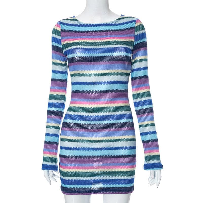 Boat Neck Long Sleeve Horizontal Stripe Knit Bodycon Mini Dress 8