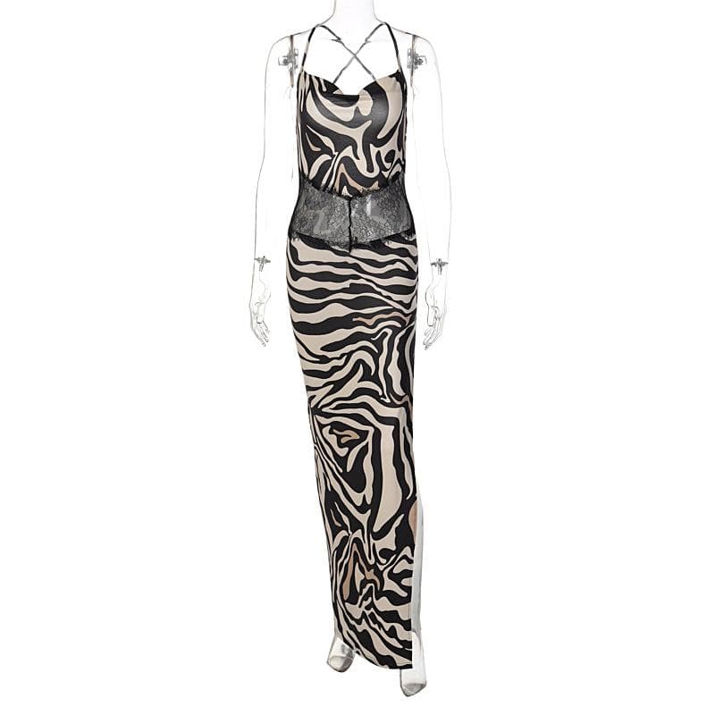 Square Neck Spaghetti Strap Lace Waistband Zebra Print Side Slit Maxi Dress 9