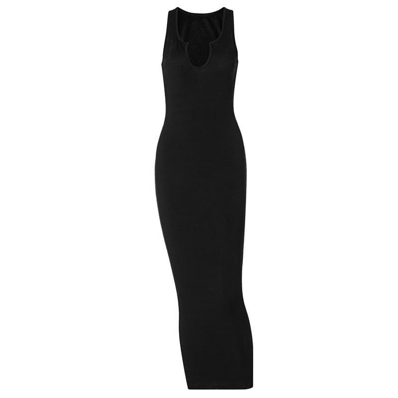 Notch Neck Sleeveless Ribbed Knit Bodycon Maxi Dress