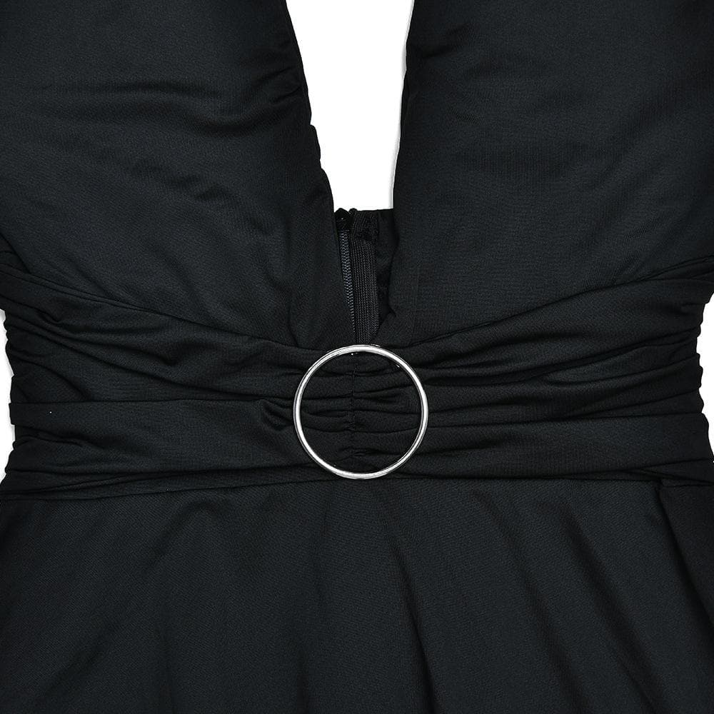 Halter O-Ring Plunge V-Neck Ring Waist Asymmetric Hem Midi Dress 9
