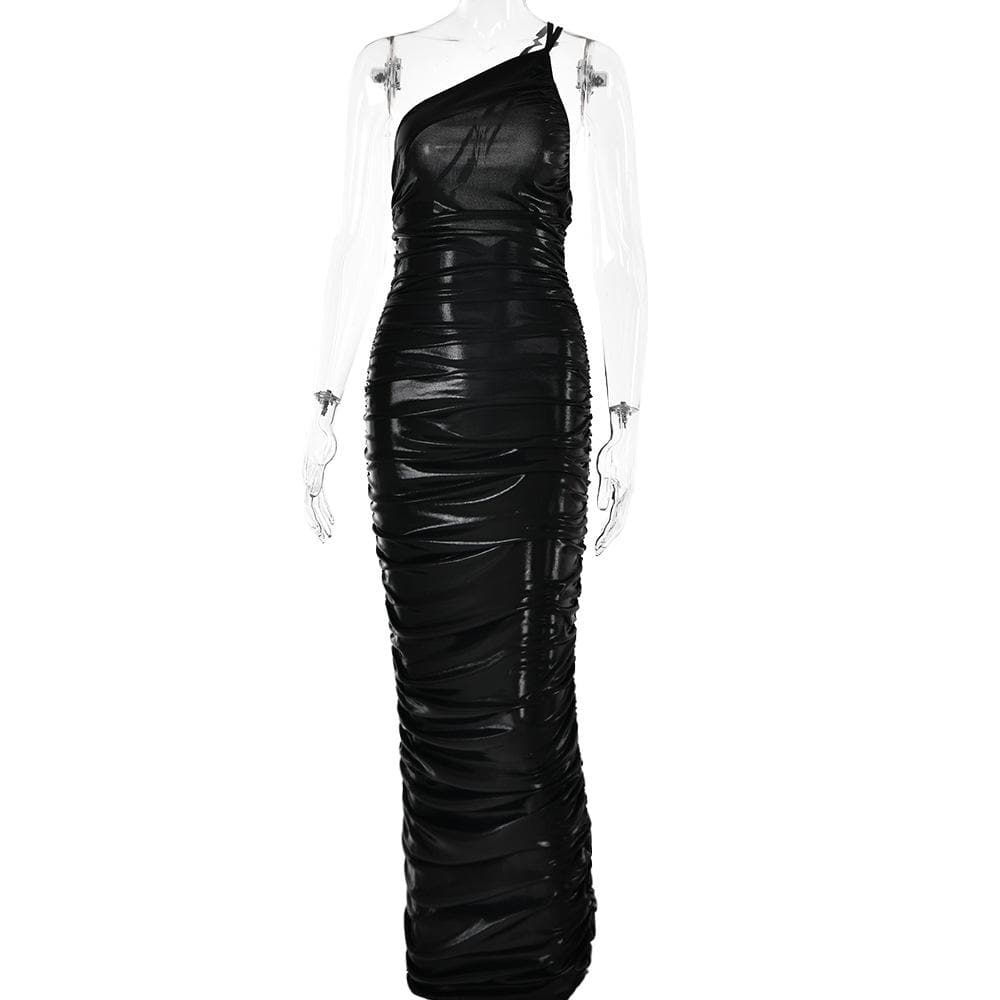 One Shoulder Asymmetric Neck Side Seam Ruched Zip Detail Floor Length Maxi Dress 4