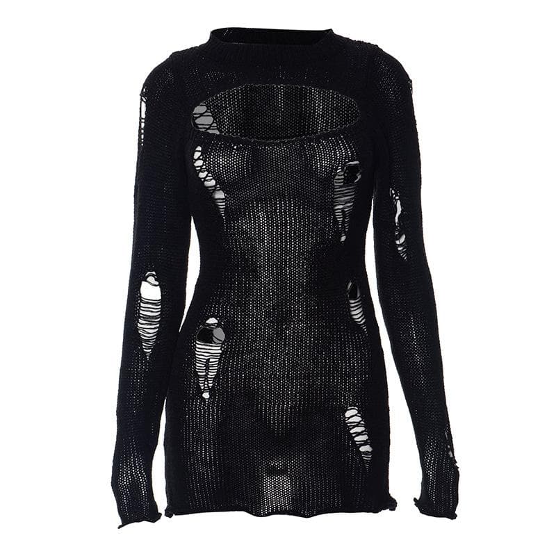 Distressed Rip Hollow Out Crew Neck Long Sleeve Crochet Mini Dress
