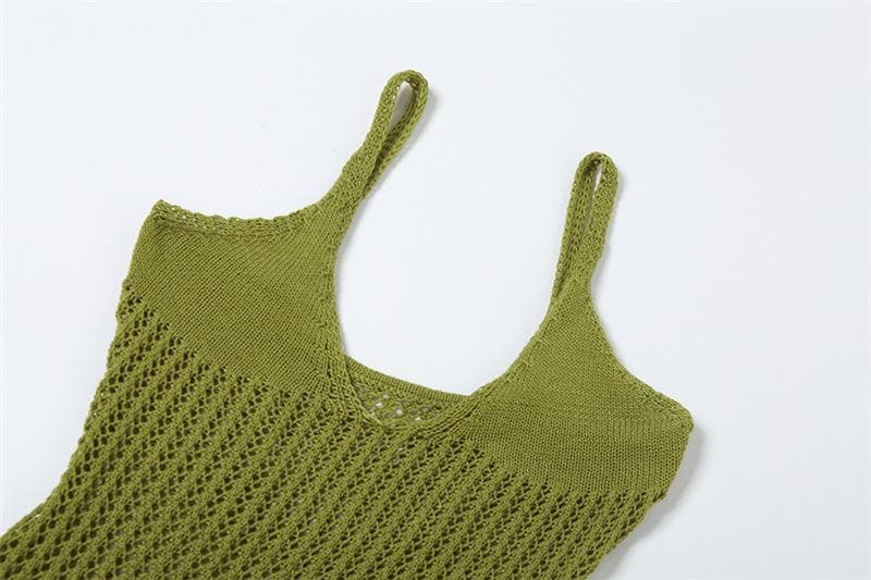 Spaghetti Strap V-Neck Crochet Pointelle Ruffle Lettuce Hem Mini Dress 6