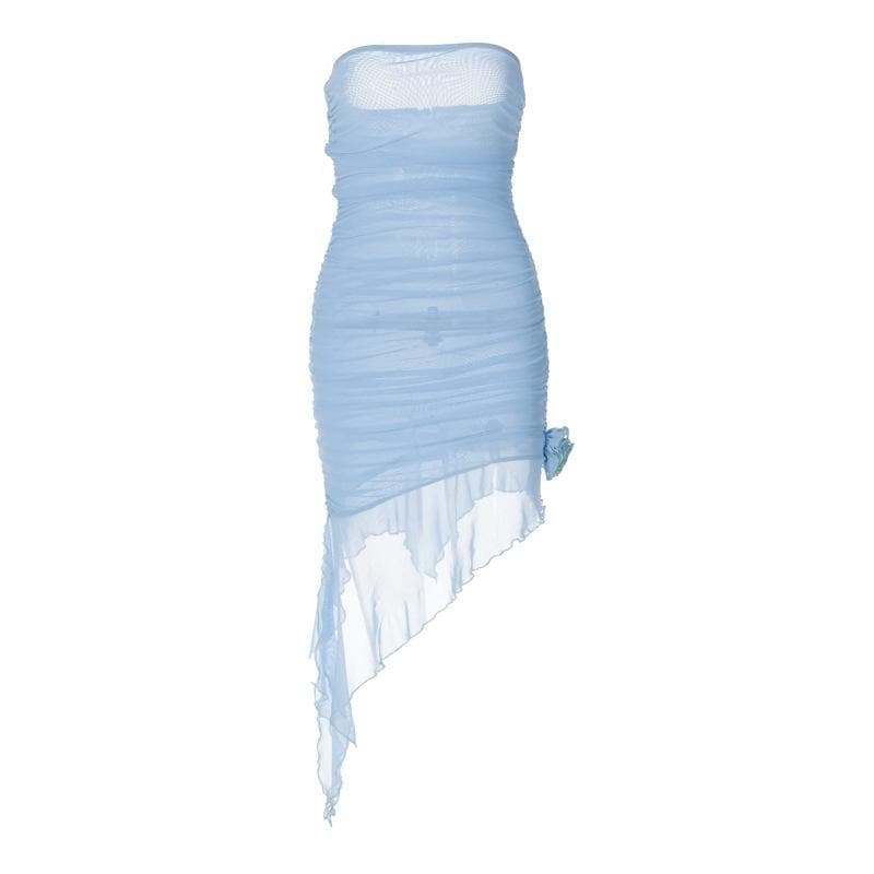 Strapless Ruched Mesh Rosette Asymmetric Hem Mini Dress 3