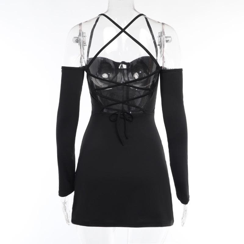 Sweetheart Tie Front Cold Shoulder Long Sleeve A-Line Mini Dress 5