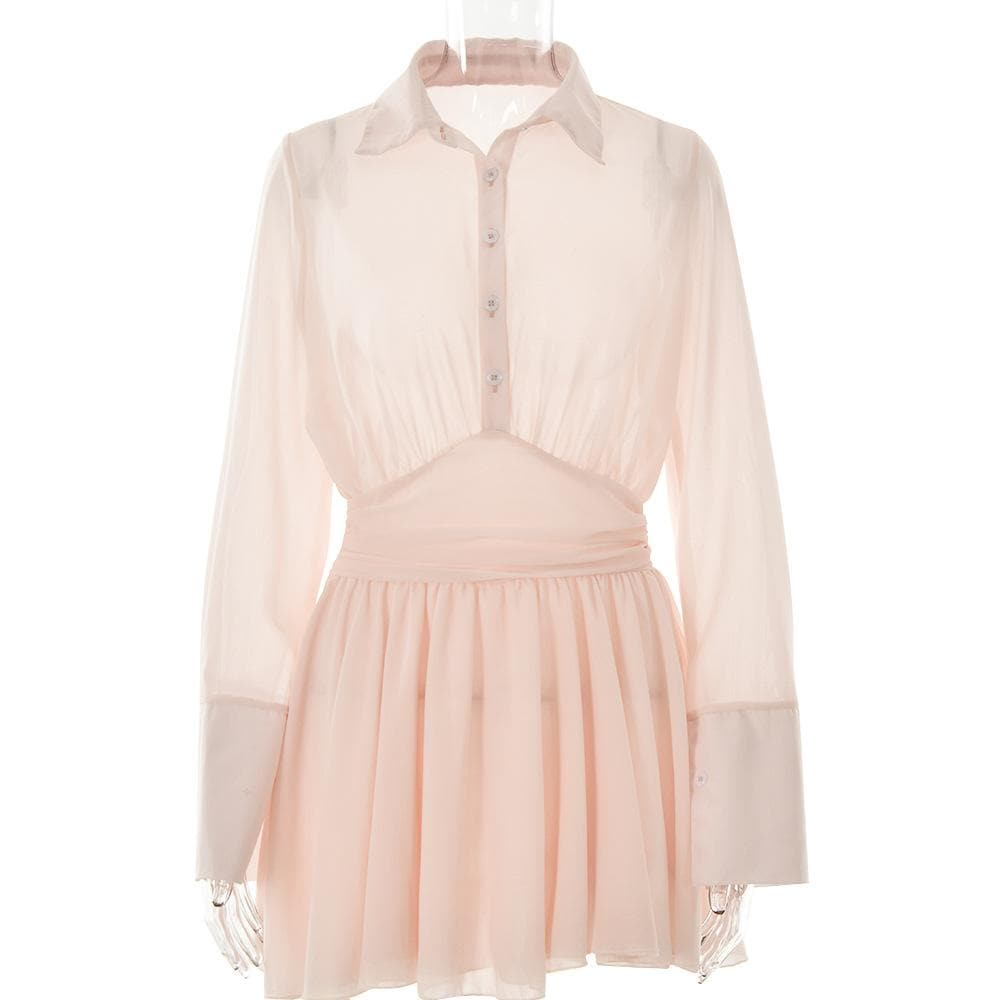 Spread Collar Deep V Ruched Waist Ruffled Cuff Mini Dress 4