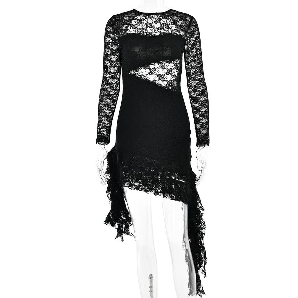 Lace Sweetheart Cutout Long Sleeve Asymmetric Ruffle Hem Mini Dress 3