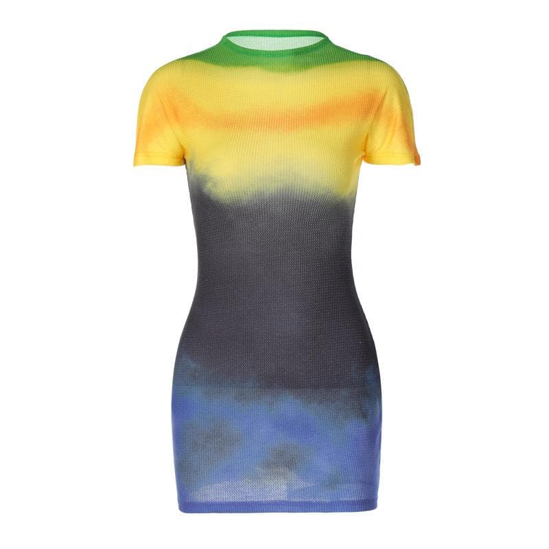 Ribbed Knit Tie Dye Gradient Mock Neck Short Sleeve Mini Dress 2