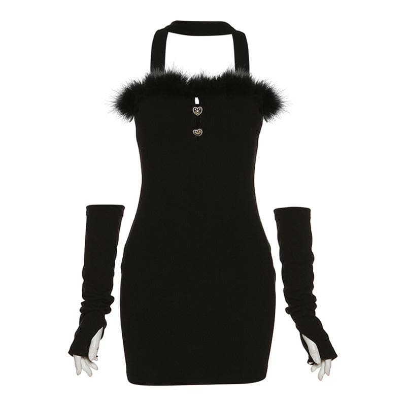 Strapless Faux Fur Trim Heart Hardware Keyhole Rib Knit Mini Dress 2