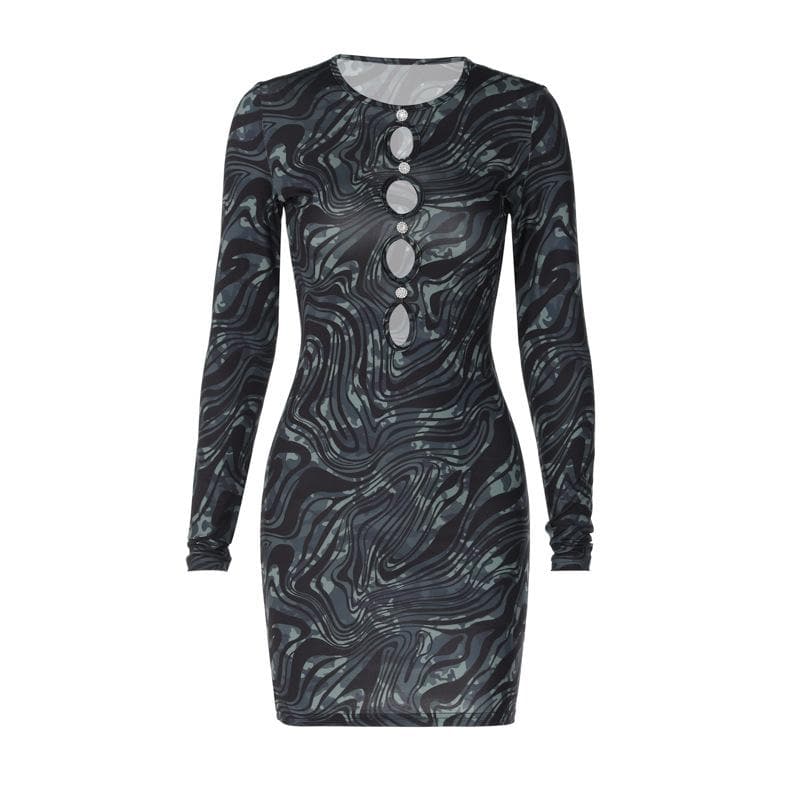 Crew Neck Long Sleeve Rhinestone Button Cutout Marble Print Mini Dress
