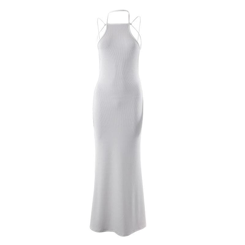 Ribbed Halter Crisscross Strap Backless Sleeveless Bodycon Maxi Dress
